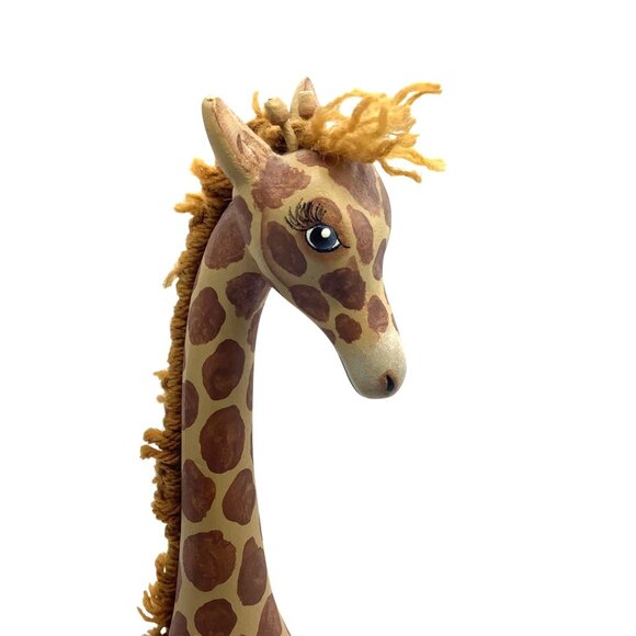 Handcrafted Wooden Giraffe Figurine Painted Spots & Yarn Mane Hand-painted 12" - Picture 2 of 6